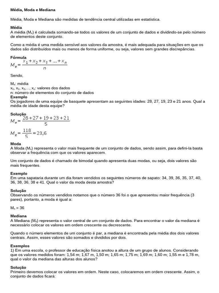 Média, Moda e Mediana em Estatística | PDF | Modo (Estatística ...