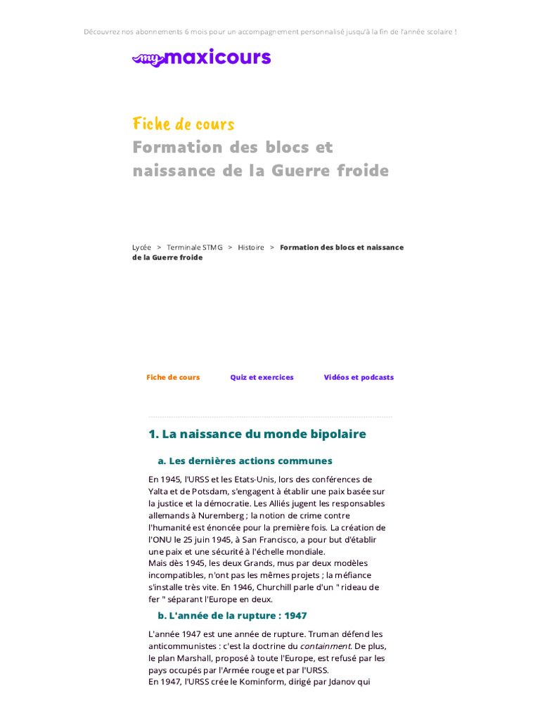 Formation Des Blocs Et Naissance de La Guerre Froide - MyMaxicours ...
