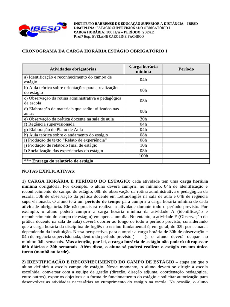 Cronograma Da Carga Horária Estágio Obrigatório I - 2024.2 - NSR | PDF ...