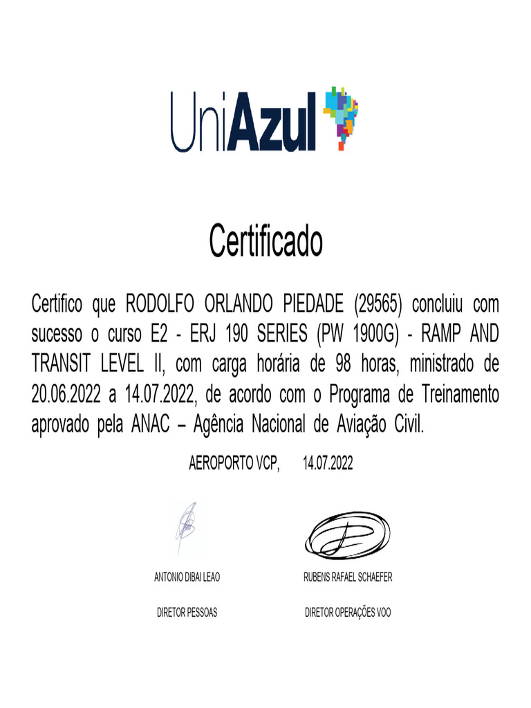 Certificado de Curso ERJ 190 Series | PDF
