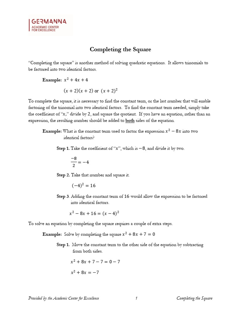 Completing the Square Explained | PDF | Factorization | Mathematical ...