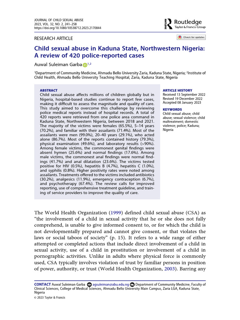 Child Sexual Abuse in Kaduna State, Northwestern Nigeria A Review of ...