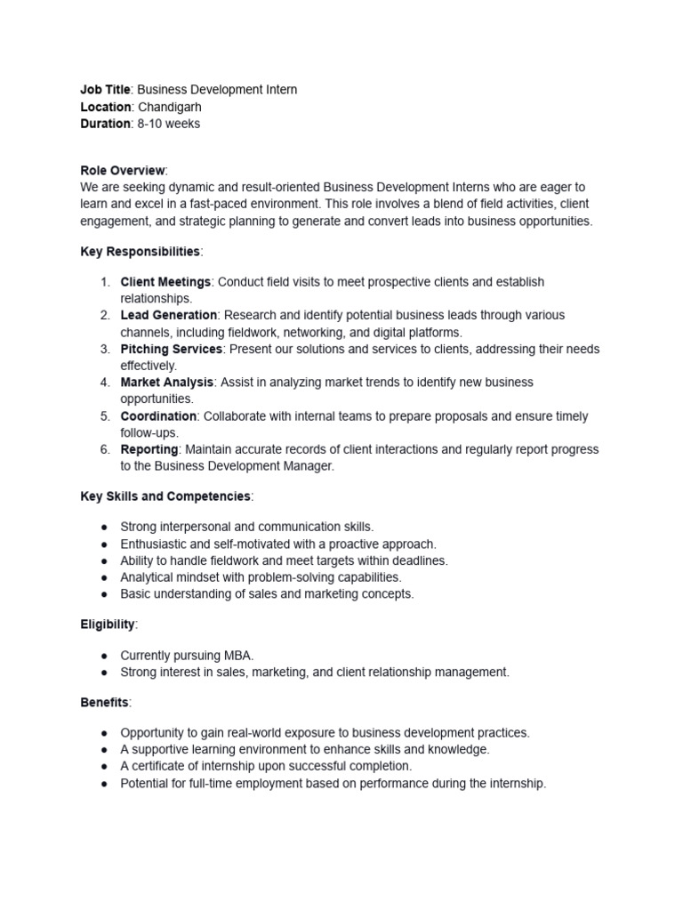 Business Development Intern Position in Chandigarh | PDF