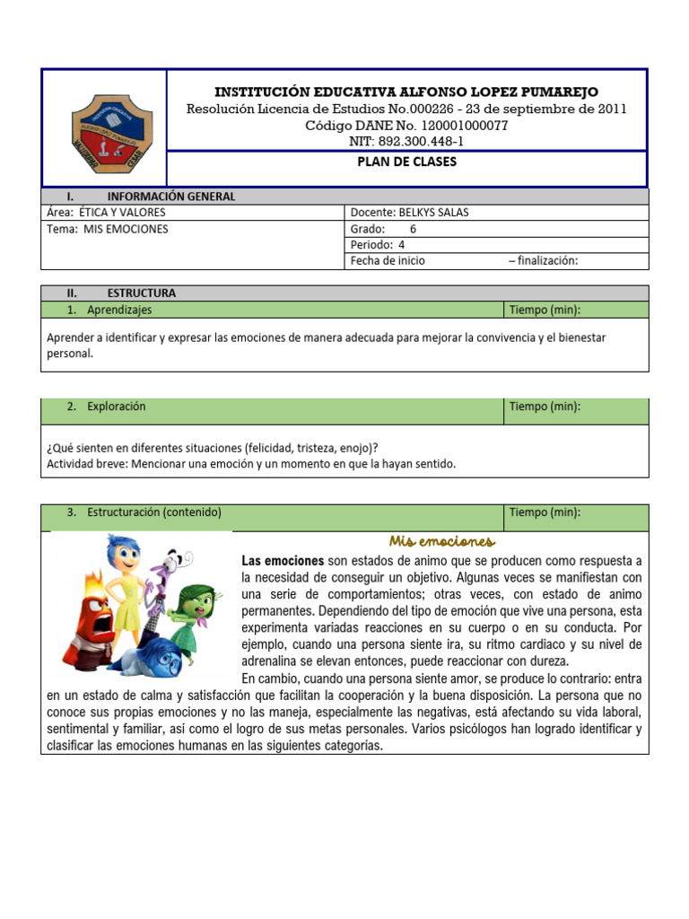 Plan de Clases: Mis Emociones en Ética | PDF | Las emociones | Ira