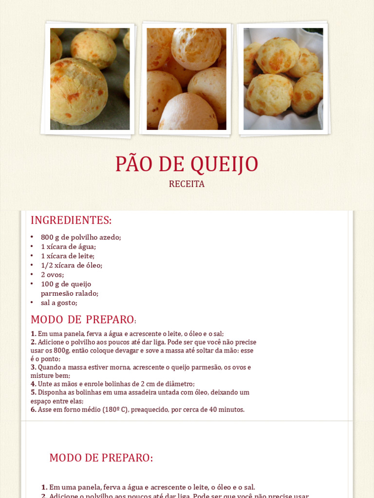 Receita de Pão de Queijo Simples | PDF | Queijo | Preparação de ...