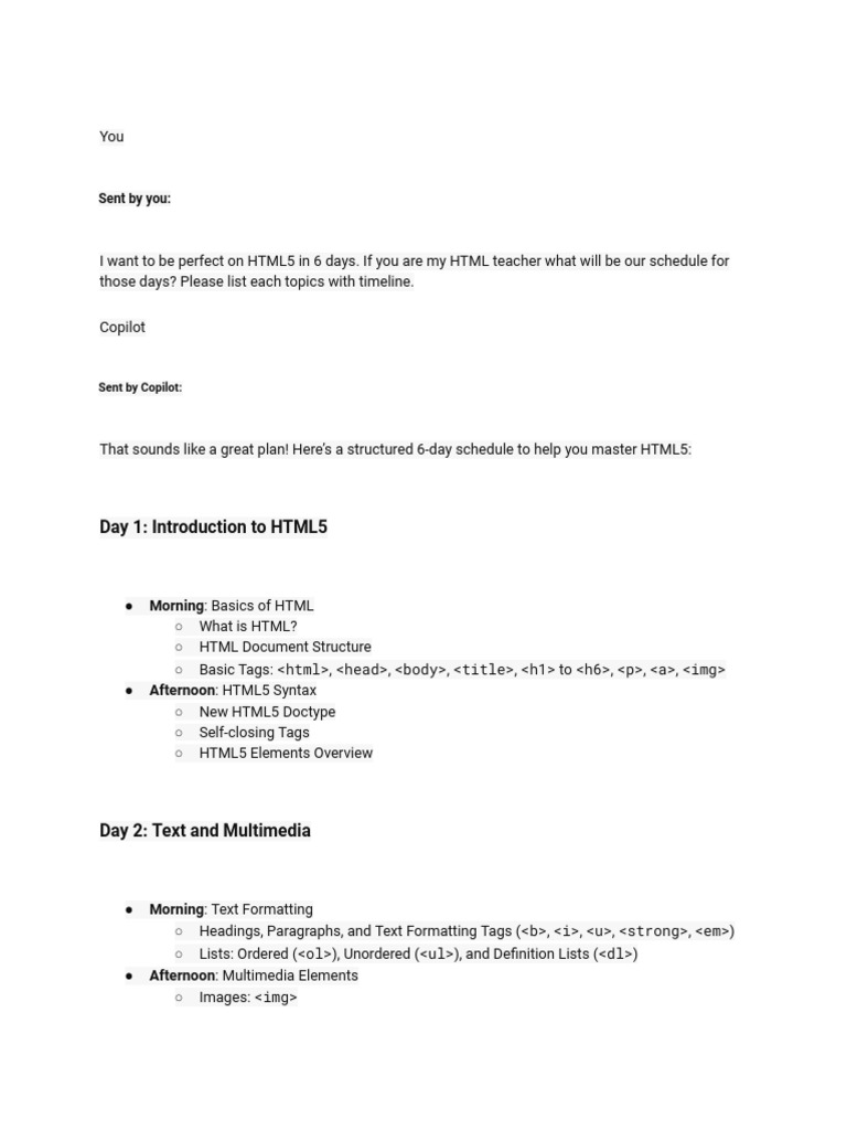 6-Day HTML5 Mastery Plan | PDF | Html Element | Html
