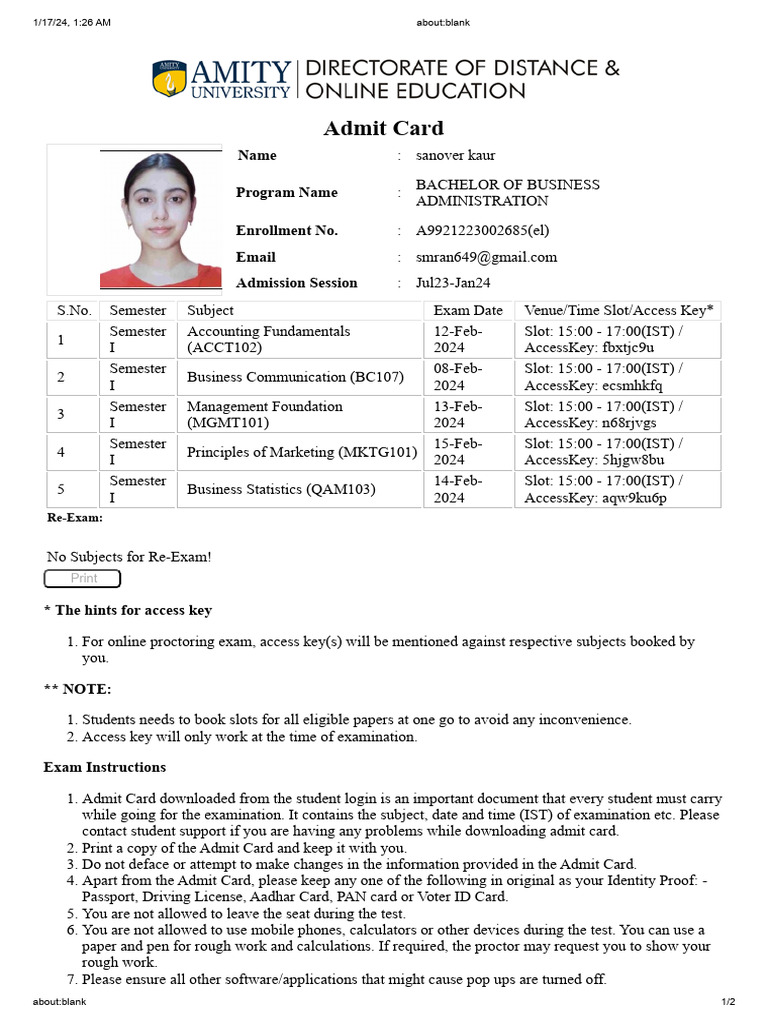 BBA Admit Card and Exam Instructions | PDF | Identity Document
