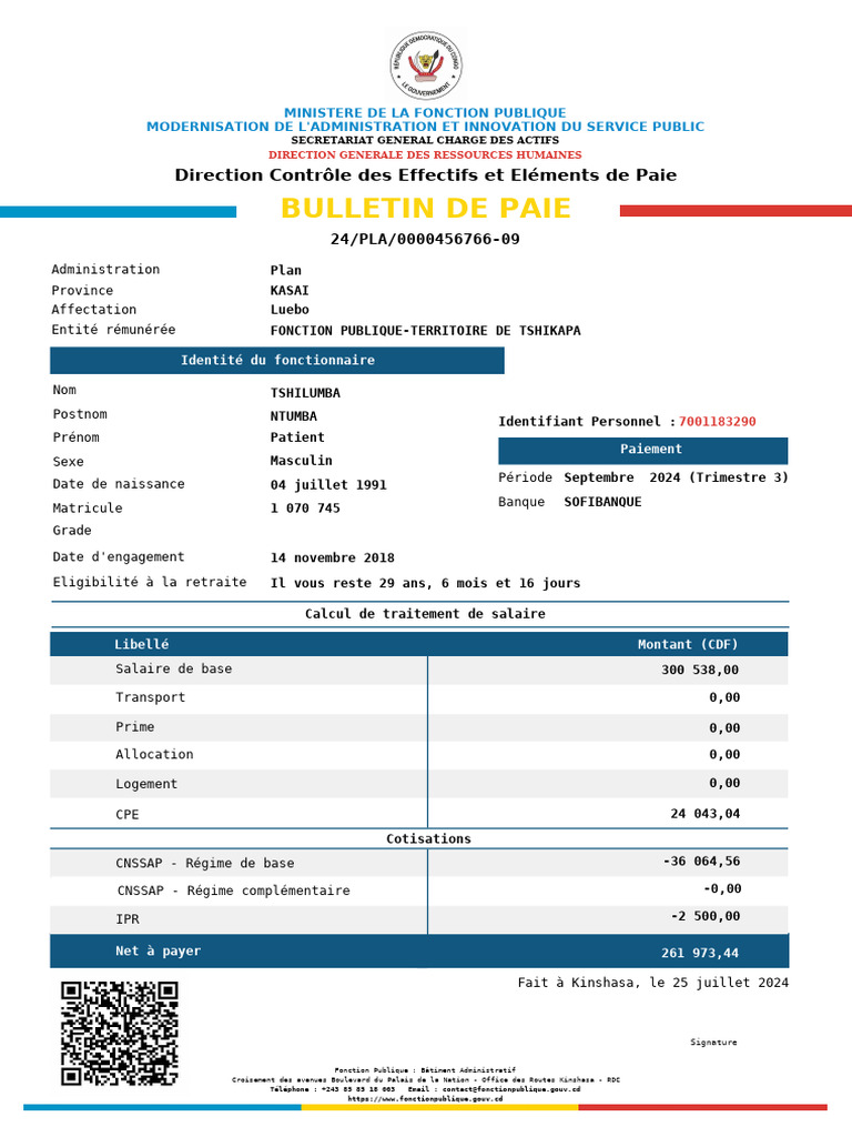 Bulletin de paie fonction publique 2024 | PDF | Administration publique ...