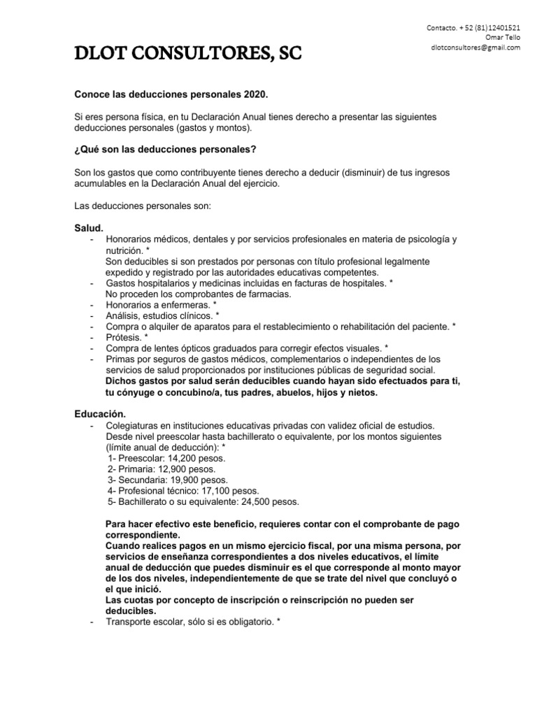 Deducciones Personales 2020: Guía Completa | PDF | Impuestos | Crédito