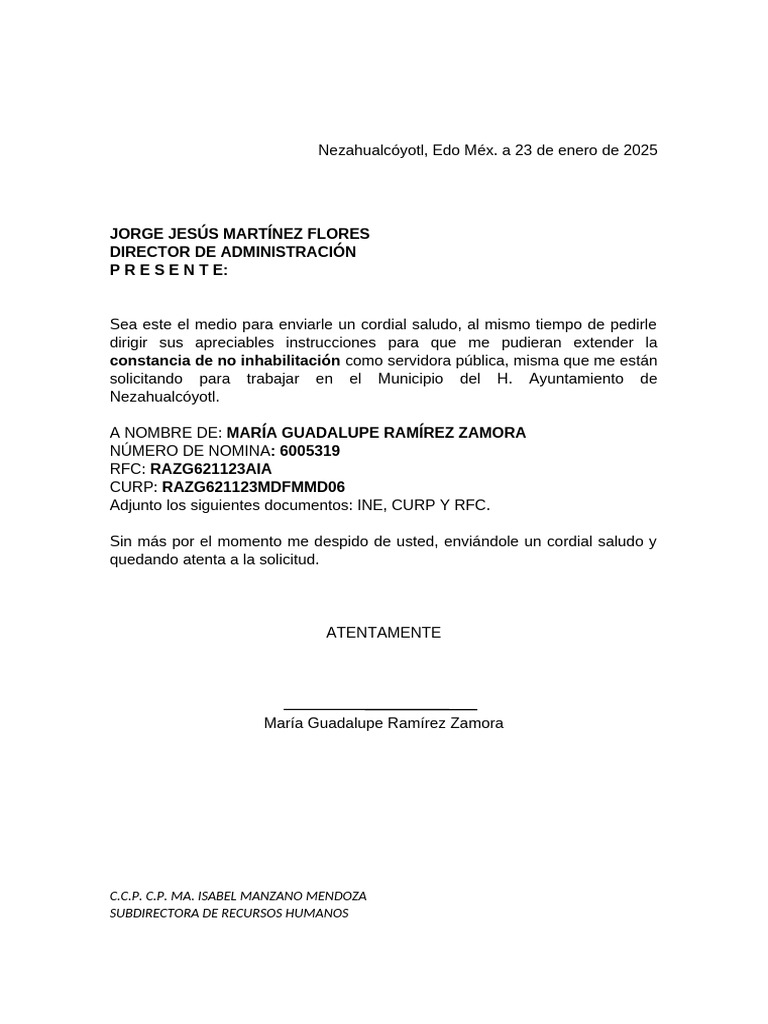 Solicitud de Carta de No Inhabilitación | PDF