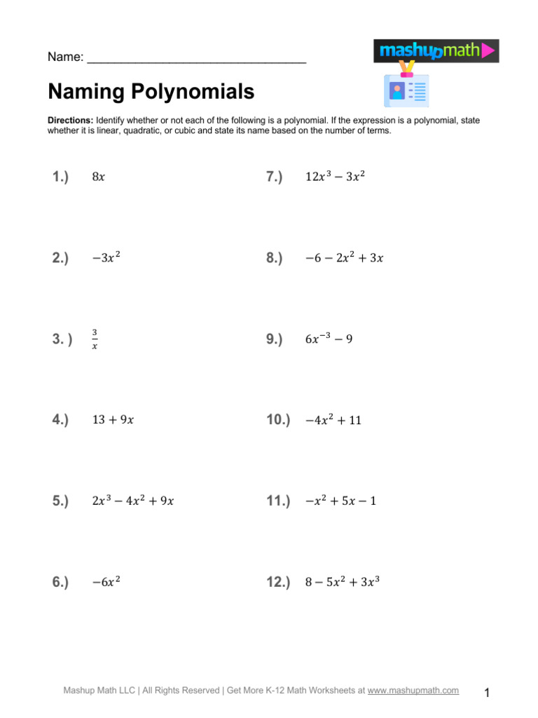 Naming Polynomials Worksheet | PDF