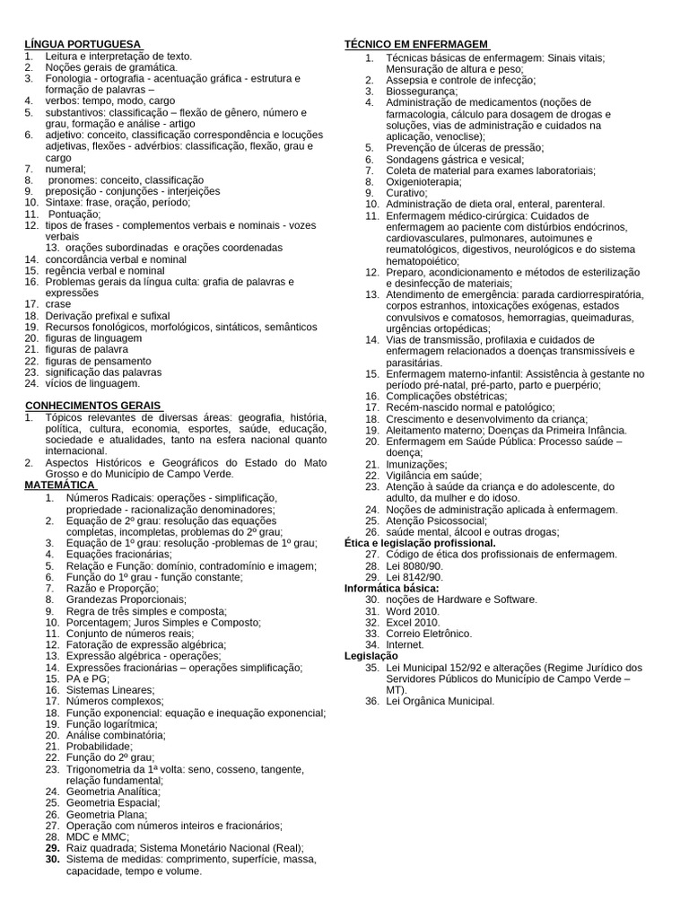 Conteúdos de Língua Portuguesa e Matemática | PDF | Enfermagem | Função ...