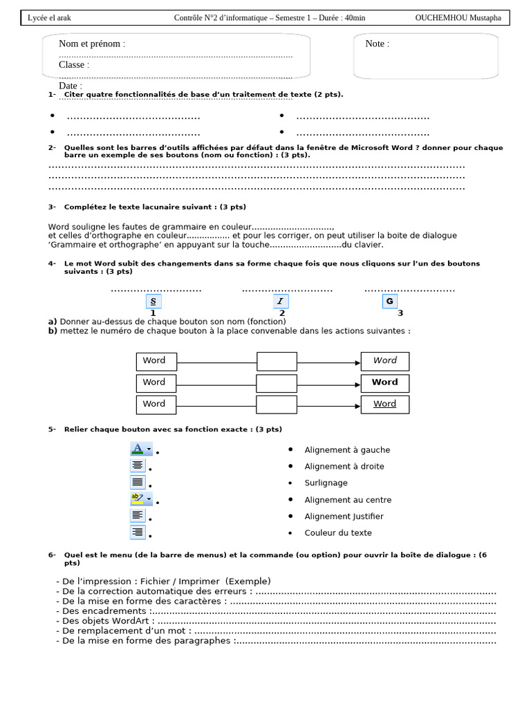 Contrôle Informatique Word - Semestre 1 | PDF | Microsoft Word ...