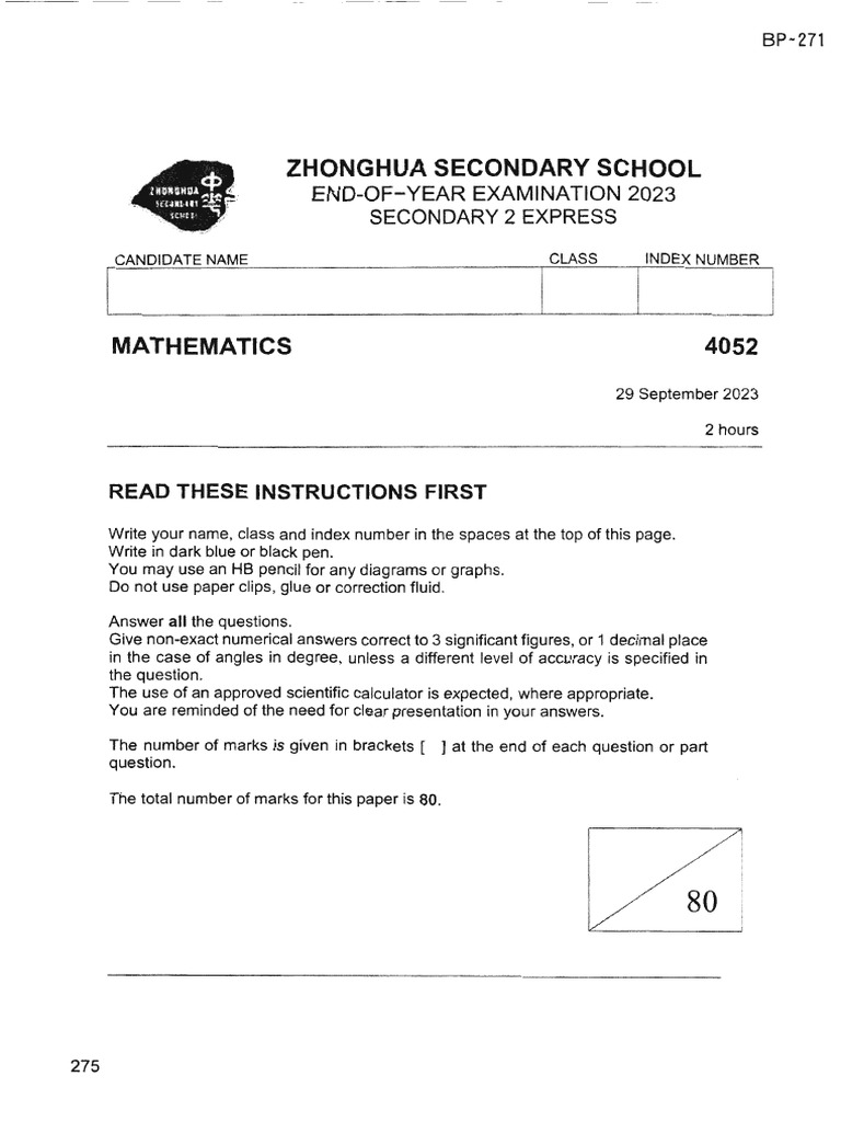 Math - Sec2 - SA2 - 2023 - Zhonghua Sec | PDF | Geometry | Mathematical ...