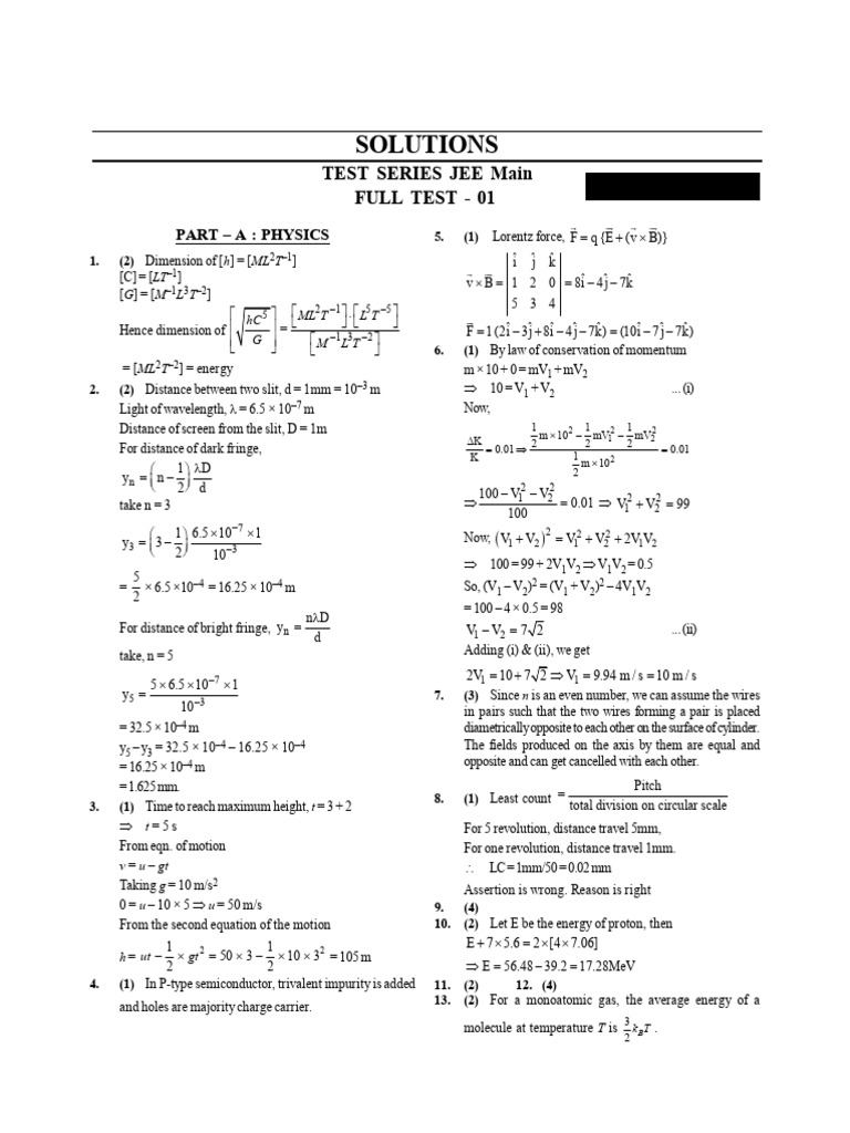 JEE Full Test Solution 1 - 250118 - 182211 | PDF | Chemical Bond | Acid ...