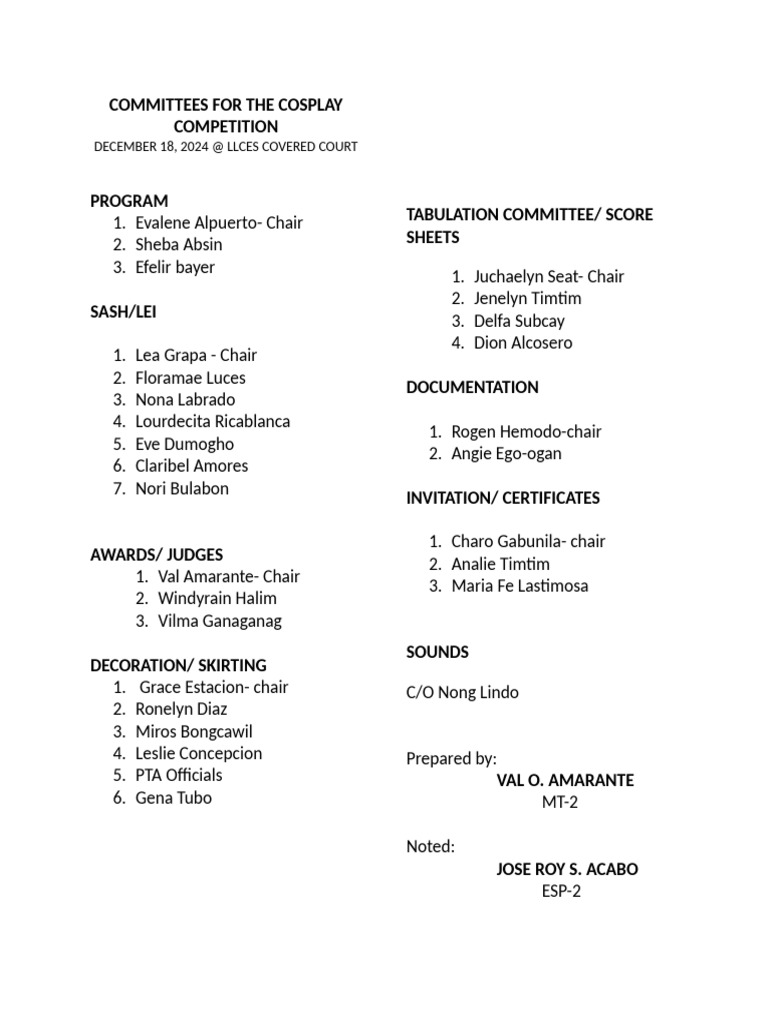 Committees for the Cosplay Competition | PDF