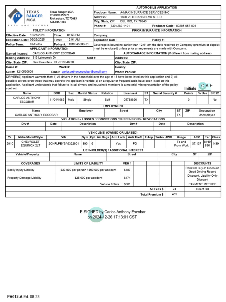 Texas Ranger MGA Auto Insurance Application | PDF | Health Insurance ...