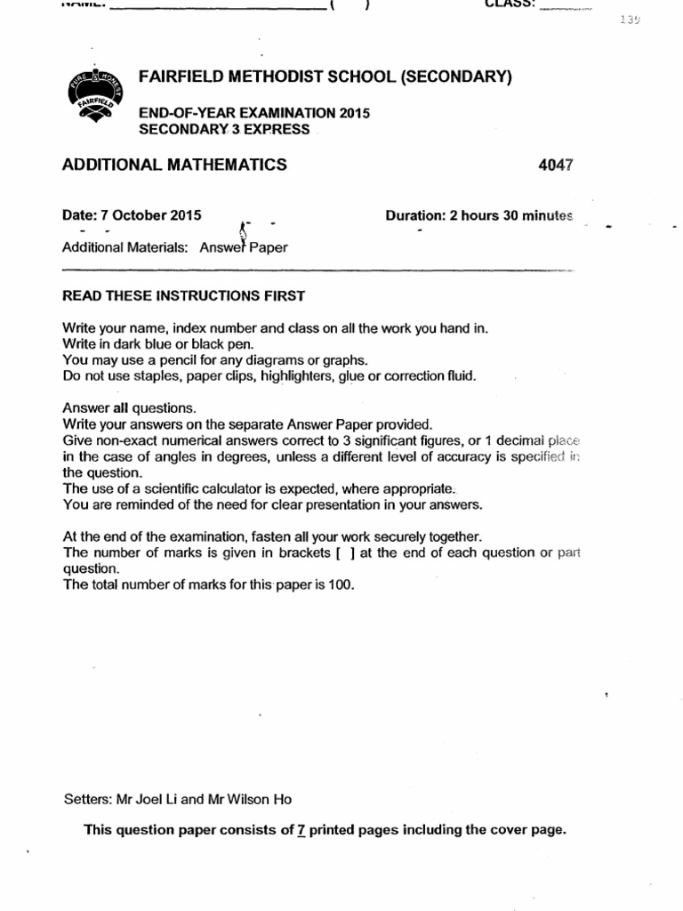 Sec 3 A Math SA2 2015 Fairfield | PDF