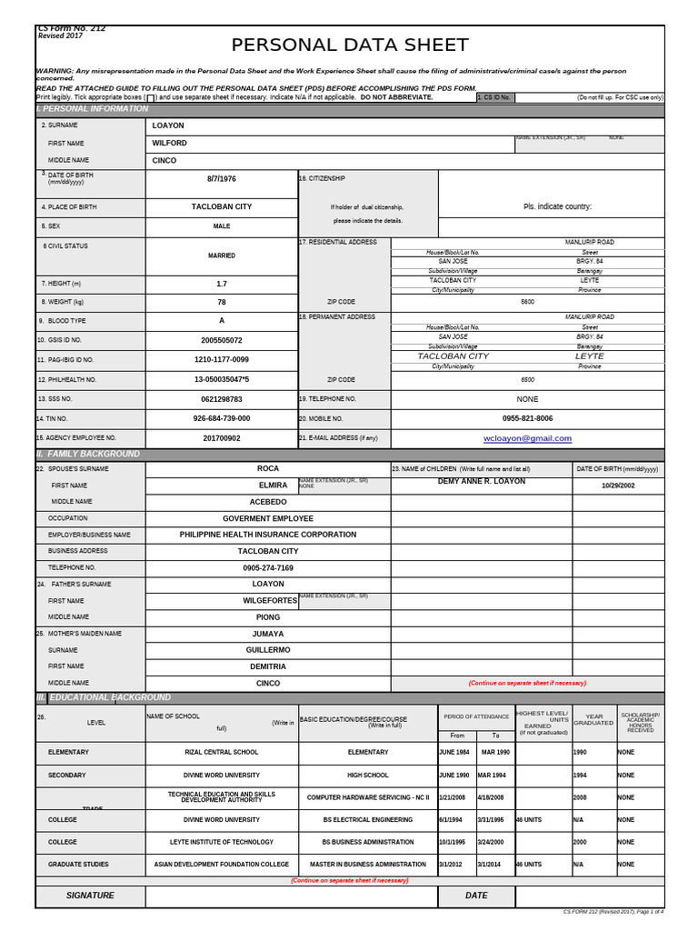 Personal Data Sheet Template | PDF