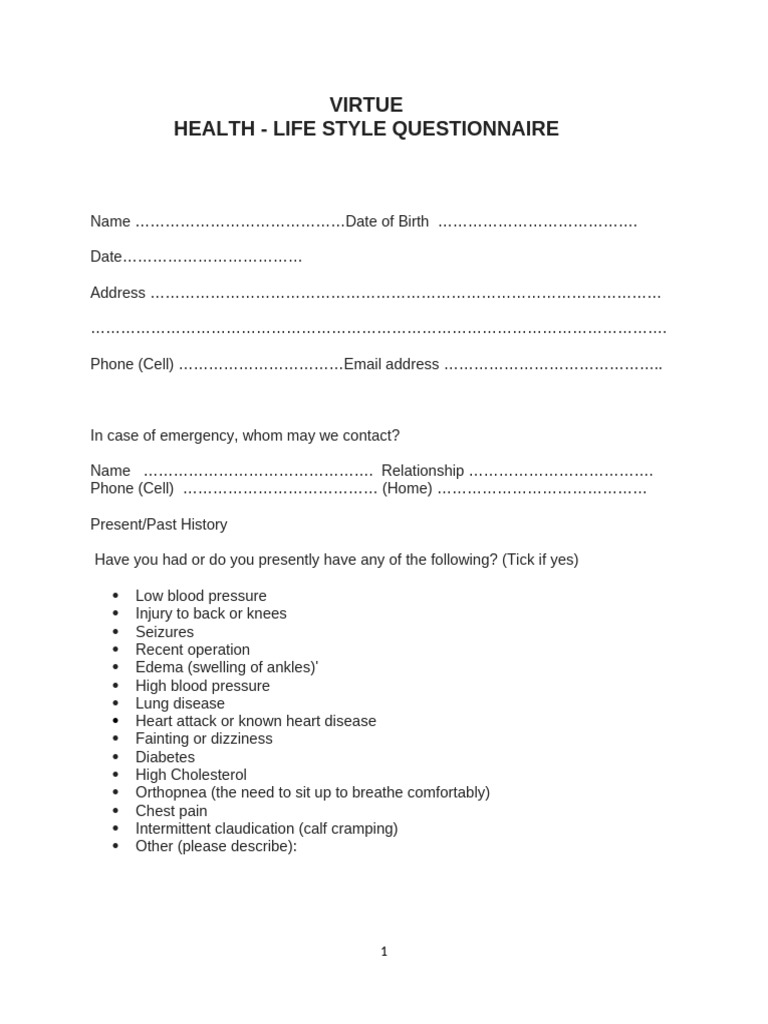 Health and Life Style Questionnaire - Docx2 | PDF | Physical Fitness ...