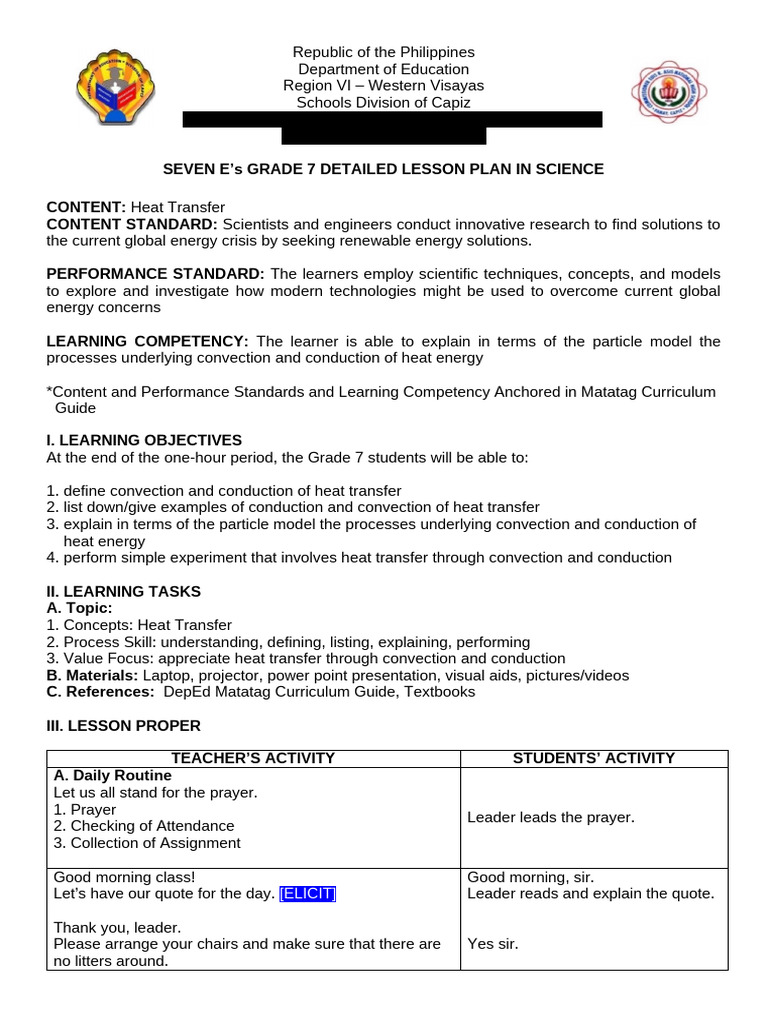 Example of Lesson Planning Gr.7 | PDF | Heat Transfer | Heat