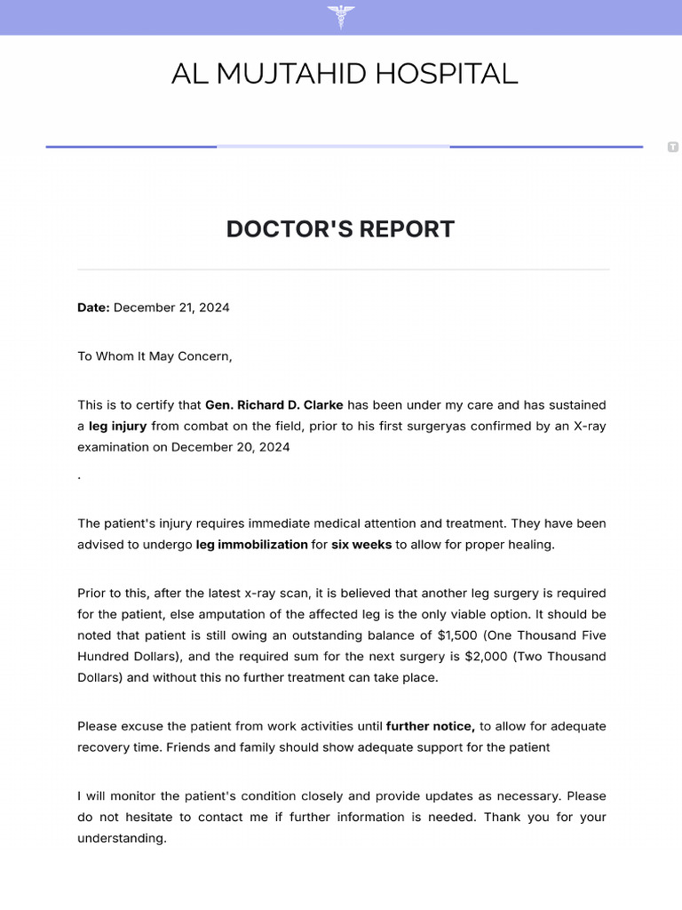 Doctor Note For Broken Leg Template | PDF