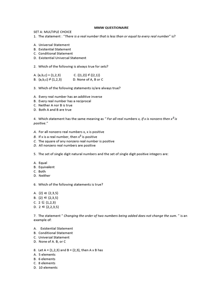 Math Logic Questionnaire with Answers | PDF