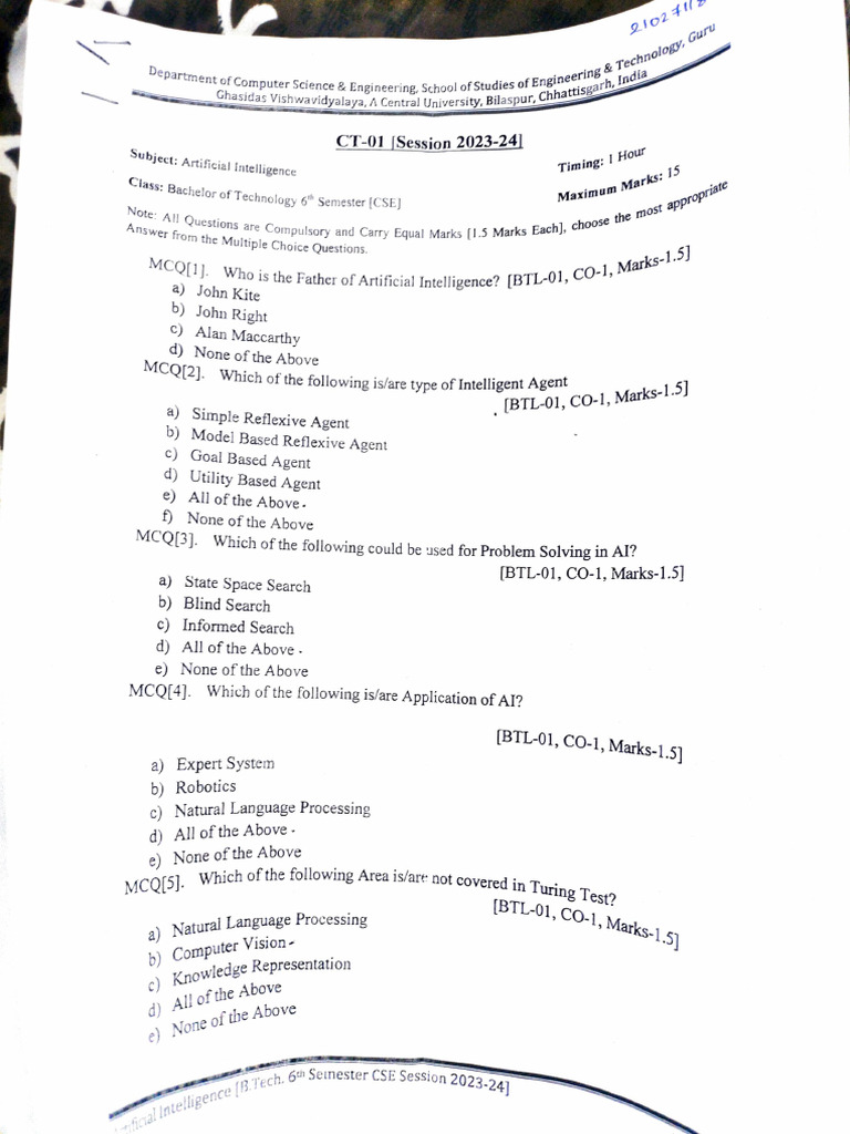 AI MCQs for B.Tech CSE Students | PDF | Artificial Intelligence ...