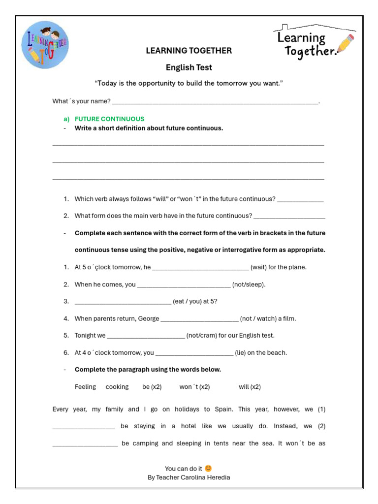 Future Tense English Test Worksheet | PDF