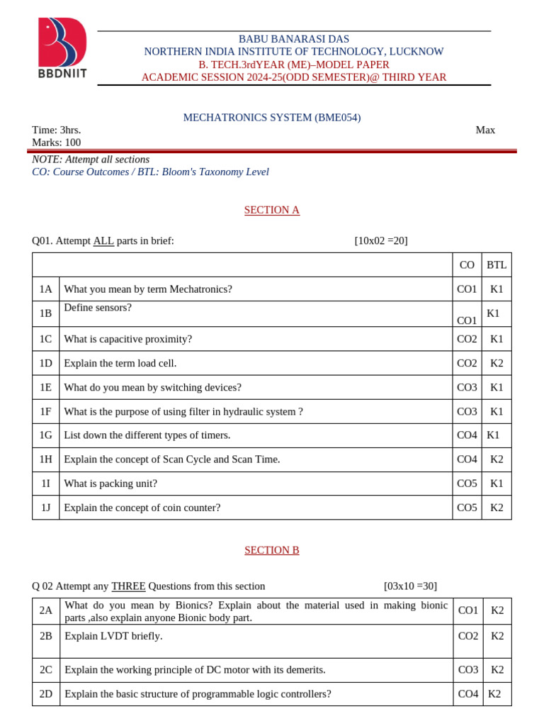 Mechatronics System Model Paper BME054 | PDF | Electric Motor ...