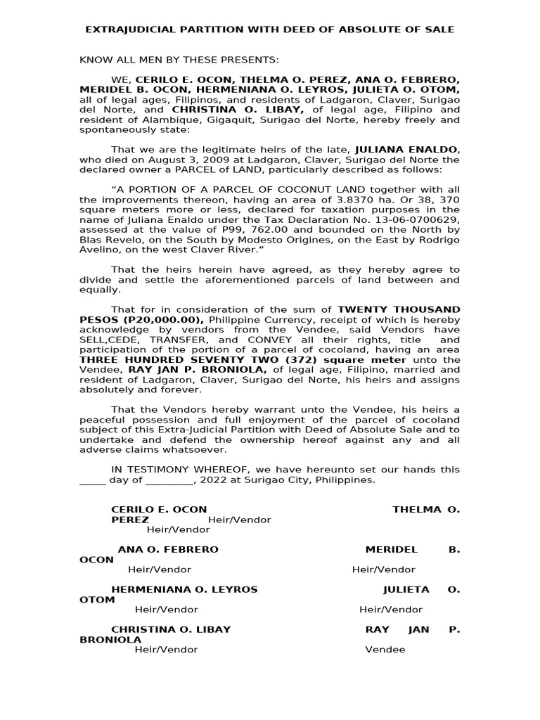 Extrajudicial Partition and Sale Deed | PDF | Natural Resources Law ...