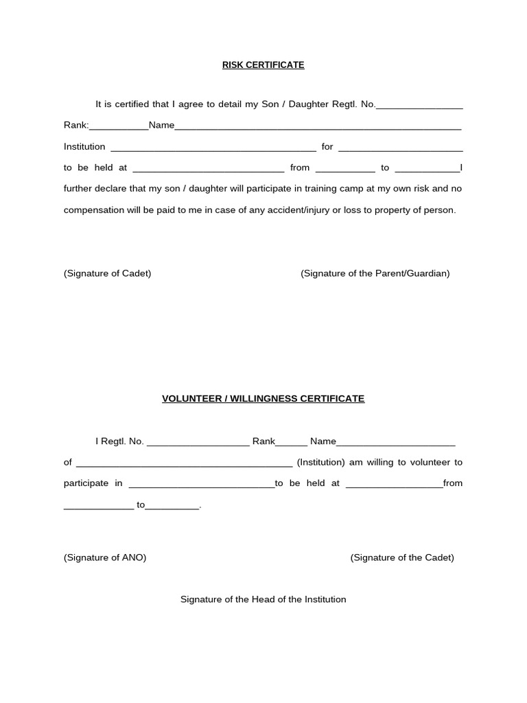 Risk and Consent Certificates for Cadets | PDF | Vaccination