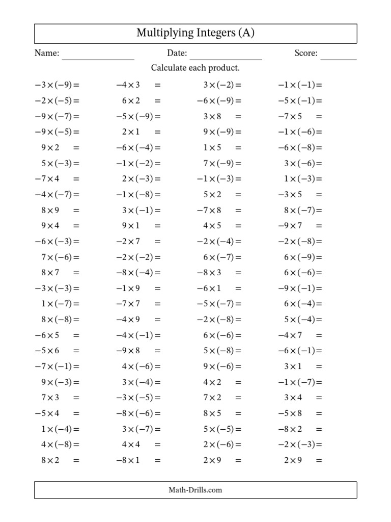 Integer Multiplication Practice Worksheet | PDF | Mathematics | Arithmetic