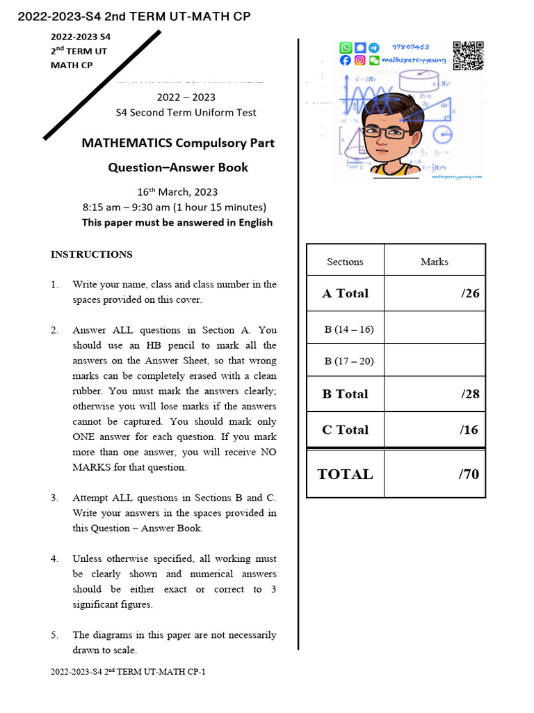 2022-2023 S4 2nd Term Math Test | PDF | Line (Geometry) | Equations