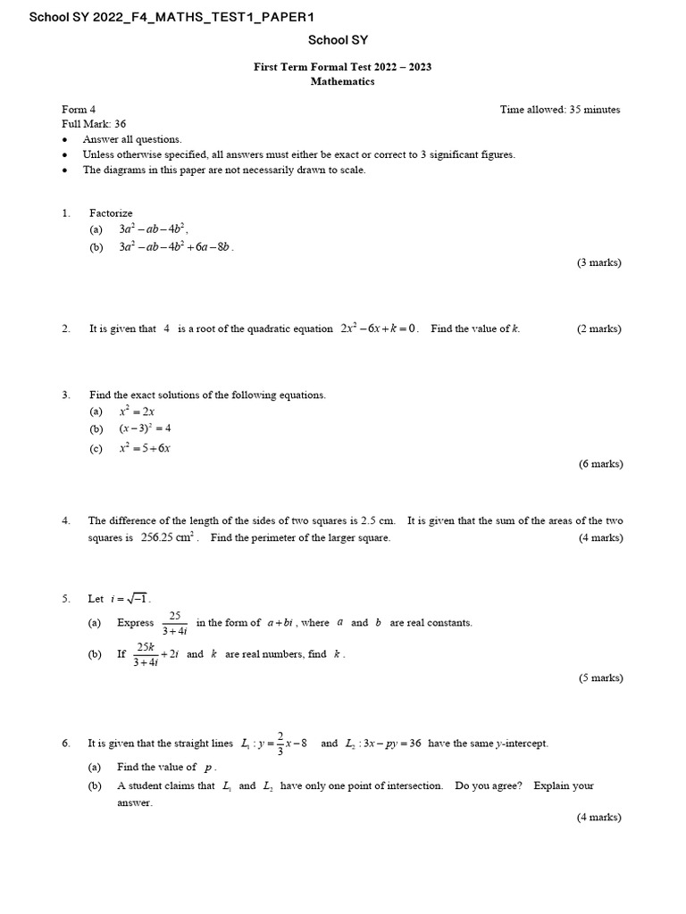 Form 4 Mathematics Test 2022-2023 | PDF | Cartesian Coordinate System ...