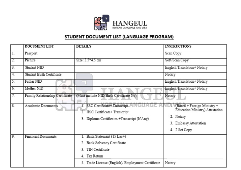 Student Document List Language Program-2 | PDF