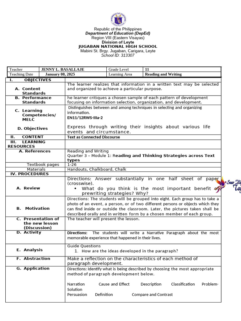 Grade 11 Reading and Writing Lesson Plan | PDF | Learning | Behavior ...
