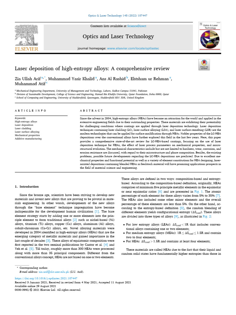 Laser Deposition of High-Entropy Alloys A Comprehensive Review | PDF ...
