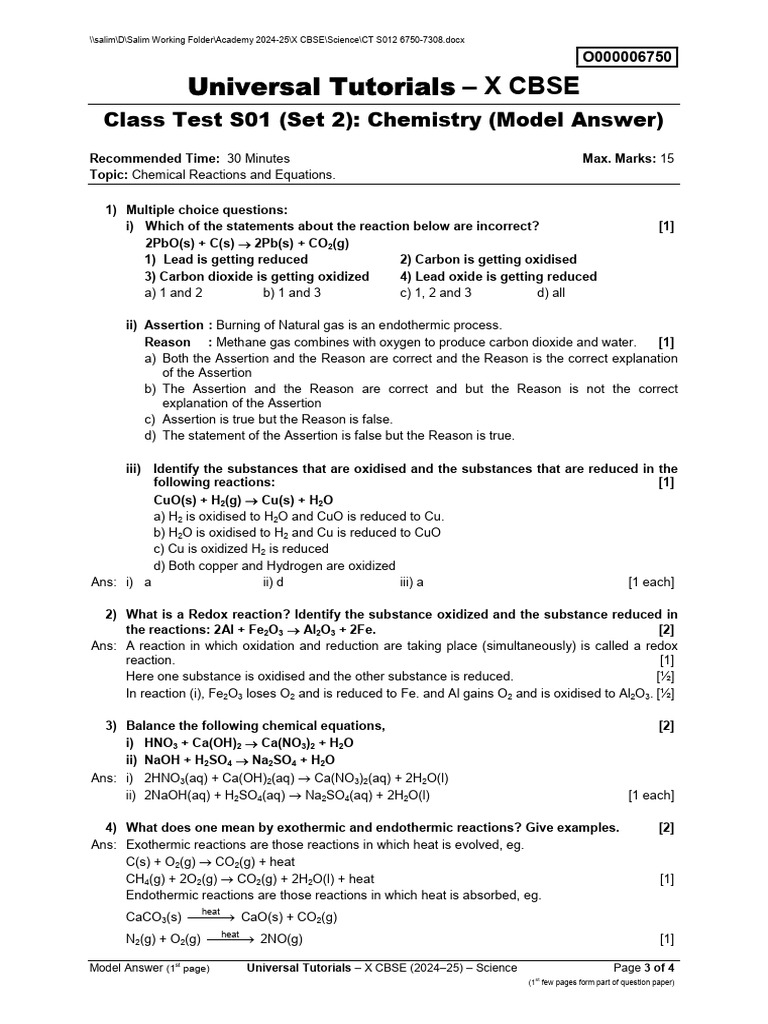 Chemical Equations and Reactions Question Paper | PDF | Redox ...