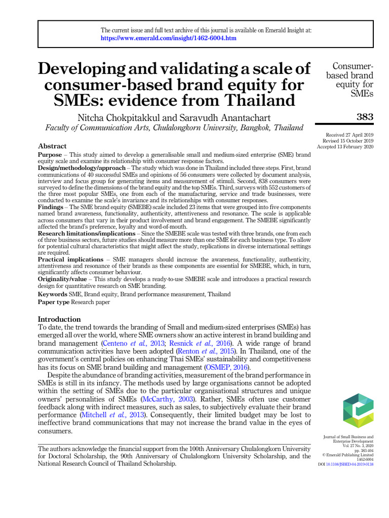 Developing & Validating A Scale of Consumer Based Brand Equity For SME ...