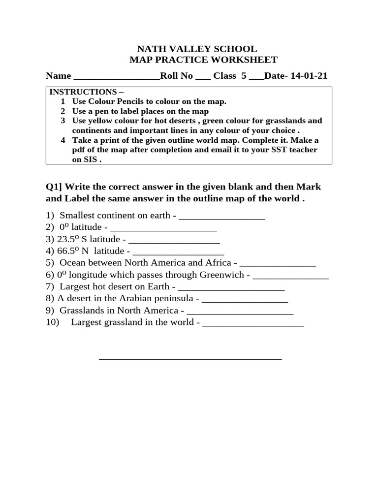 Map Practice Worksheet for Class 5 | PDF