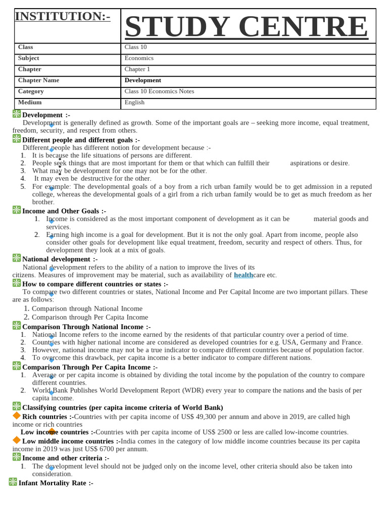 Class 10 Economics Chapter 1 Development Notes Pdf Human