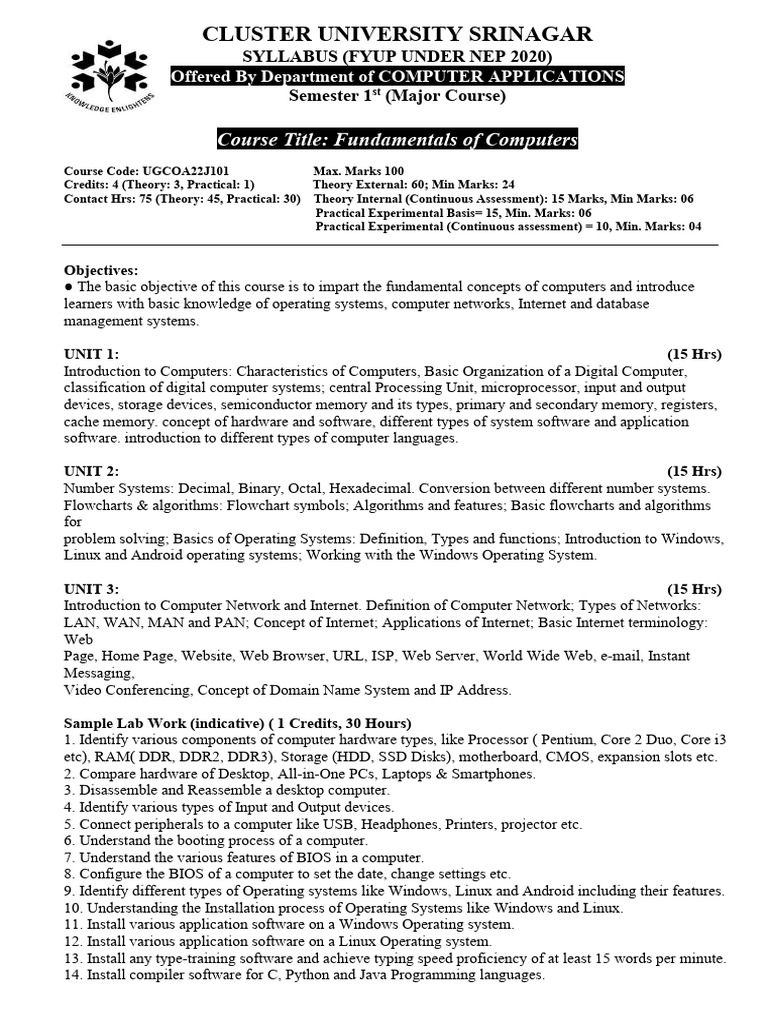 Computer Application Syllabus Cluster University SRG | PDF | Operating ...