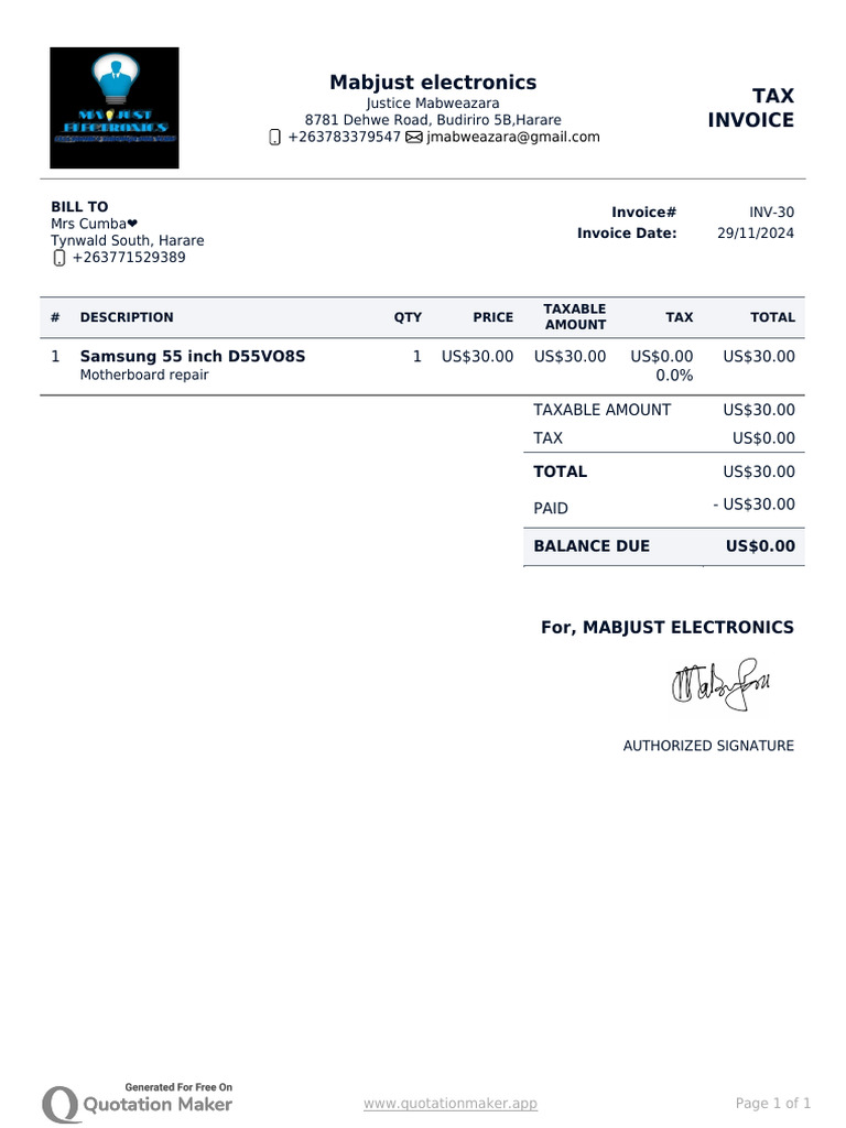 Invoice for Samsung Repair Services | PDF