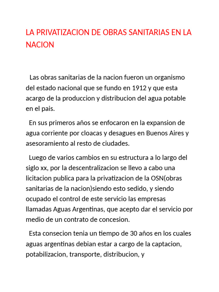 Privatización de Obras Sanitarias en Argentina | PDF