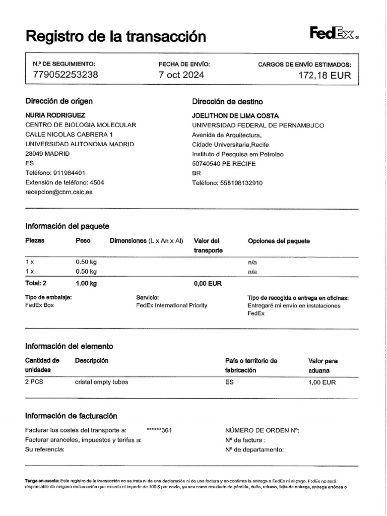 REGISTRO TRANSACCION NURIA RODRIGUEZ FEDEX | PDF