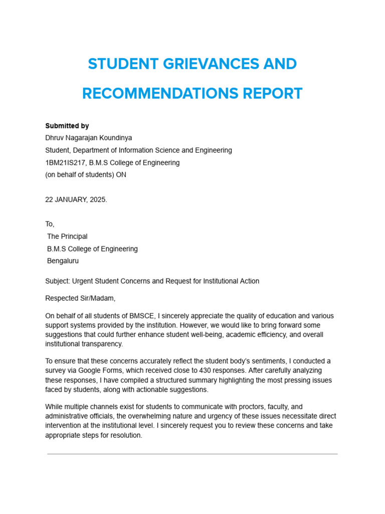 BMSCE Student Grievances Report 2025 | PDF | Mental Health | Academic Term