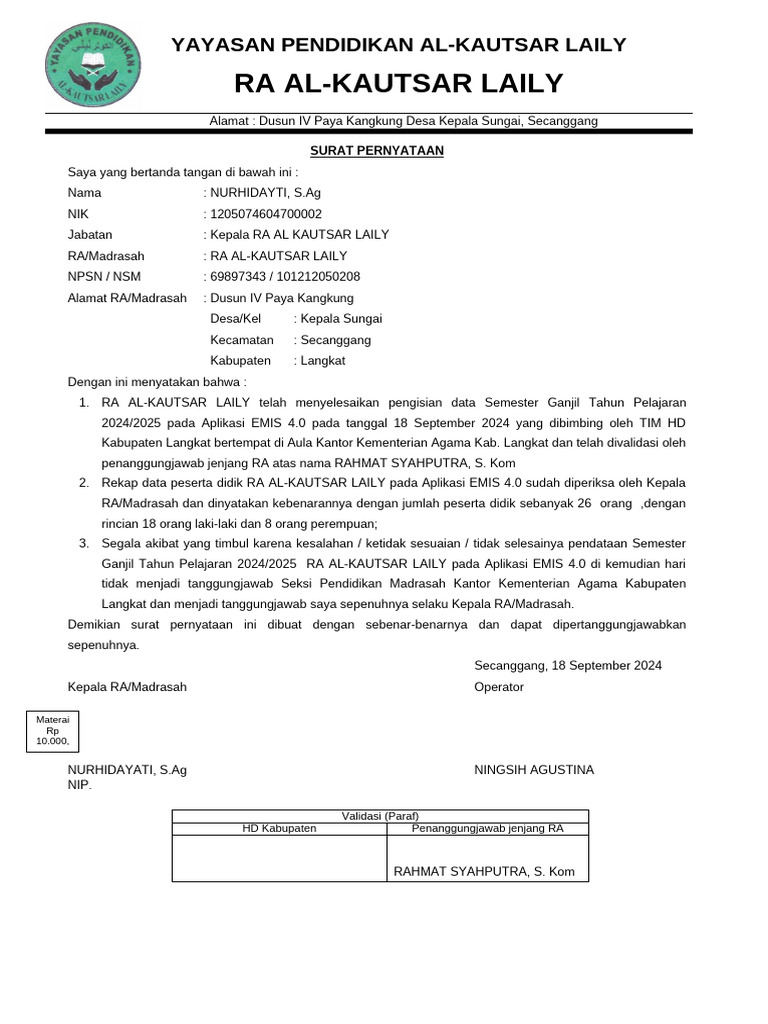 FORM SURAT PERNYATAAN BAP RA AL KAUTSAR LAILY | PDF