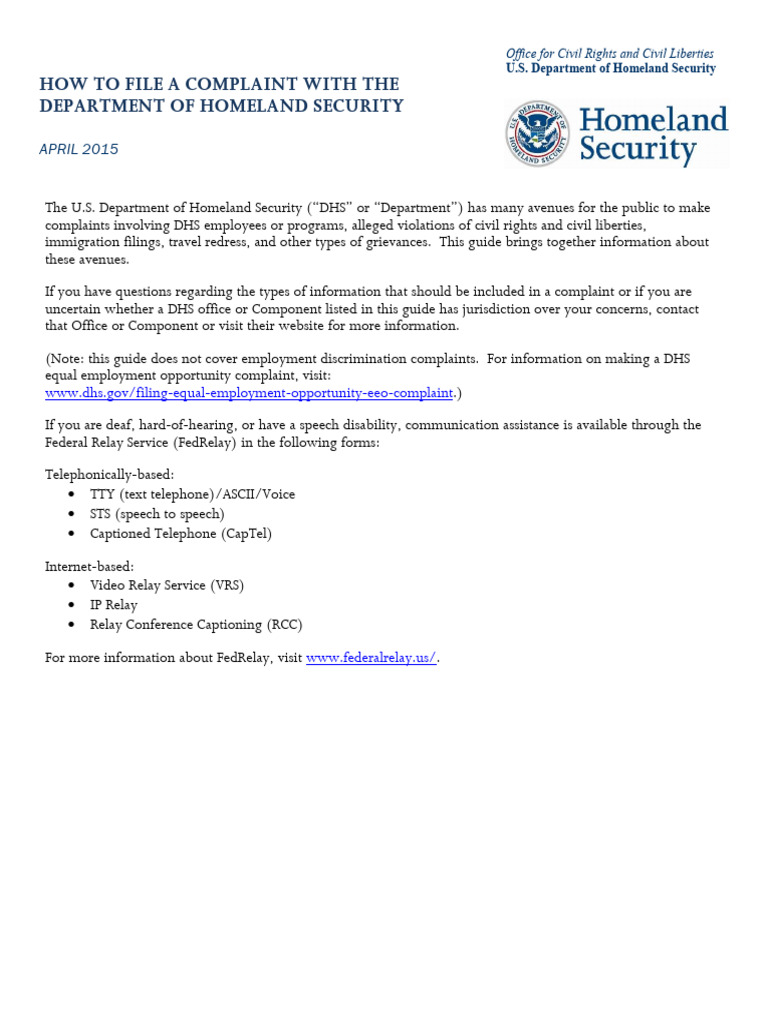 DHSComplaintAvenuesGuide April2015 | PDF | U.S. Immigration And Customs ...
