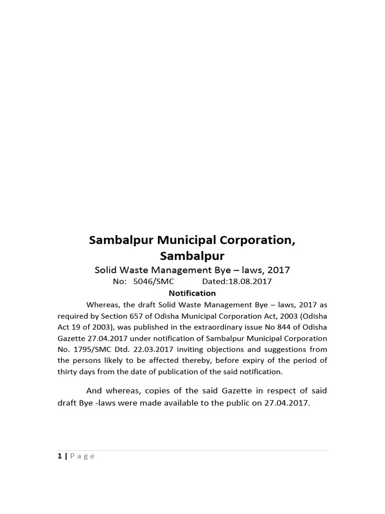 Sambalpur Solid Waste Management Bye-Laws | PDF | Waste | Waste Management